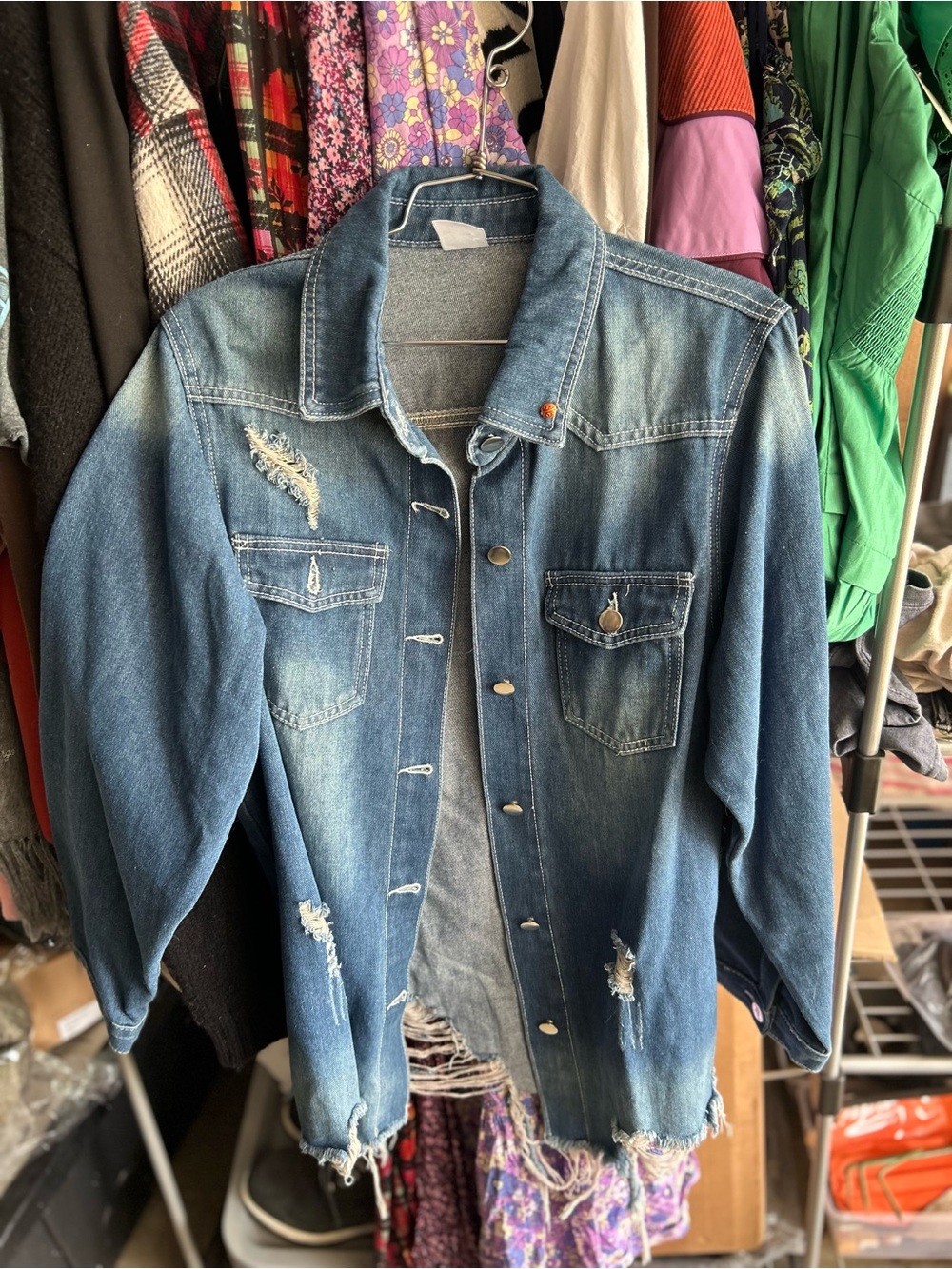 Classic Medium Blue Denim Shirt Jacket distressed with Lady Bug pin - Picture 1 of 6